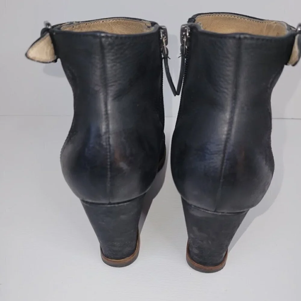 Biala Black Leather Wedge Ankle Boots Side Zip Ankle Buckle Bootie Women’s SZ 37